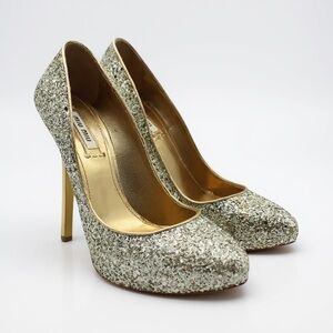 Miu Miu Glittering Round Toe Silver and Gold Heels